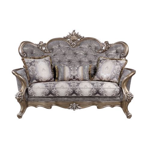 Elozzol - Loveseat With 3 Pillows - Fabric & Antique Bronze Finish