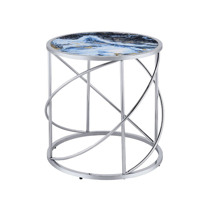 Lyda - End Table - Blue Marble Print & Chrome