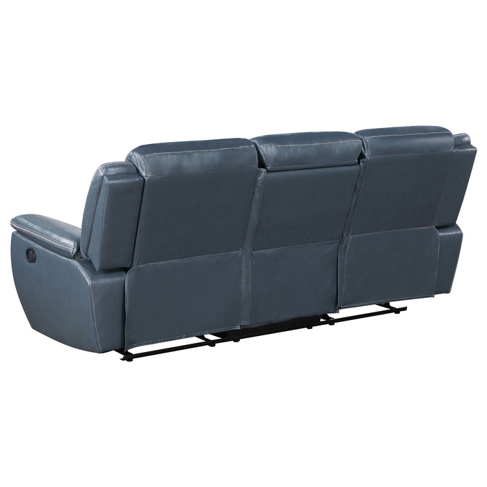 Sloane Upholstered Motion Reclining Sofa with Drop Down Table Blue