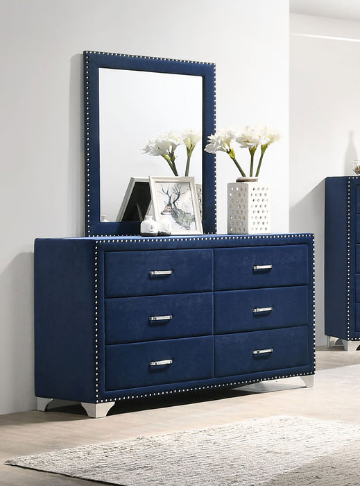 Melody 6-drawer Upholstered Dresser with Mirror Pacific Blue Brady Home Furniture Melody 6-drawer Upholstered Dresser with Mirror Pacific Blue Brady Home Furniture
