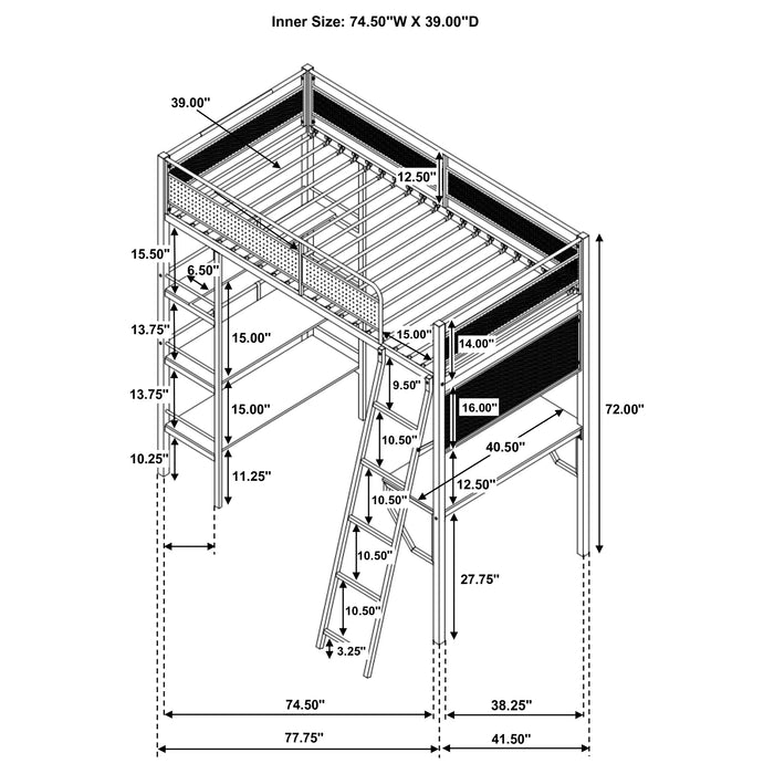 Campus 3-shelf Metal Twin Workstation Loft Bed Matte Black