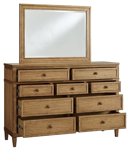 Sharlance King Upholstered Panel Bed with Mirrored Dresser, Chest and Nightstand