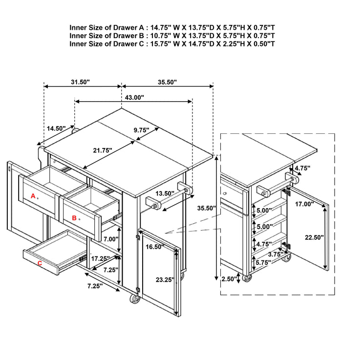 Jalen 3-door Mobile Kitchen Cart Natural Brown and White