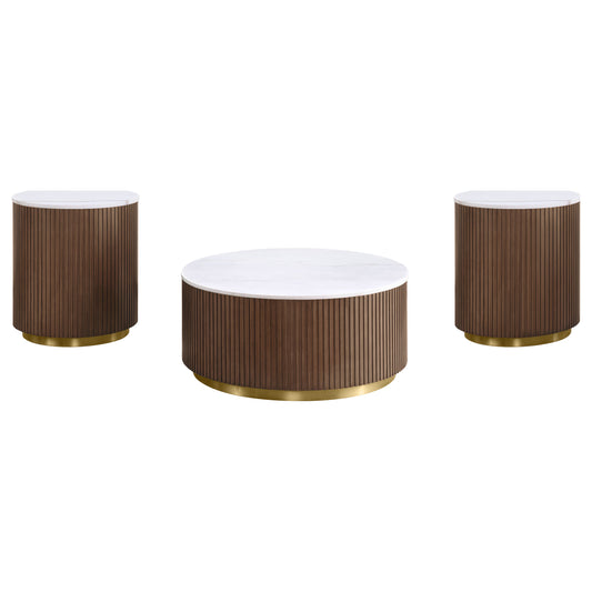 Jason 3-piece Round White Marble Coffee Table Set Honey Brown