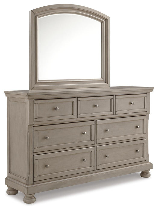 Lettner California King Sleigh Bed with Mirrored Dresser