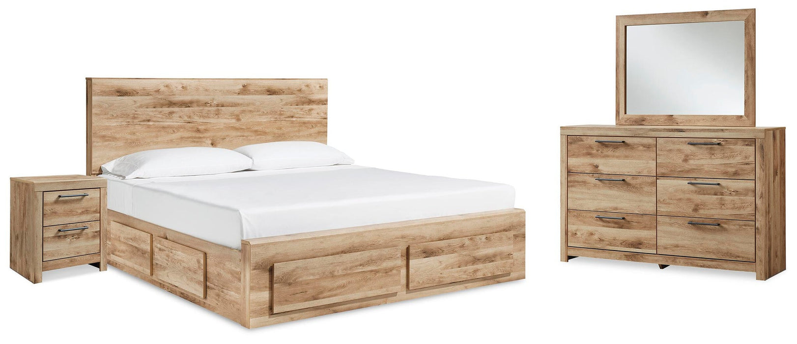 Hyanna Queen Panel Storage Bed with 2 Under Bed Storage Drawer, Dresser, Mirror and Nightstand
