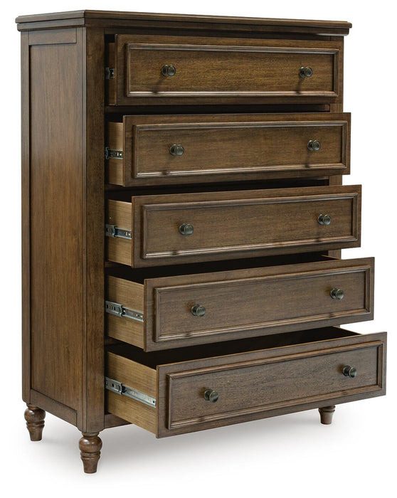 Sturlayne Queen Upholstered Panel Bed, Dresser, Mirror, Chest and Nightstand