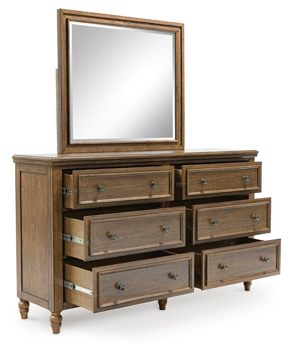 Sturlayne Queen Upholstered Panel Bed, Dresser, Mirror and Nightstand