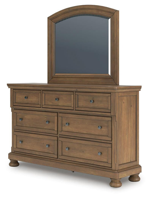 Feddinger California King Storage Sleigh Bed with Mirrored Dresser