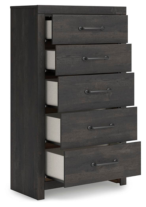 Hollivern King Panel Bed, Dresser, Mirror, Chest and Nightstand