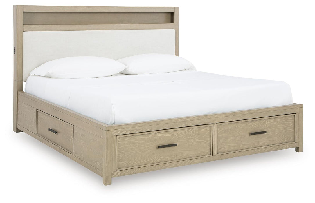 Calmoro Queen Bookcase Bed with Mirrored Dresser and Nightstand