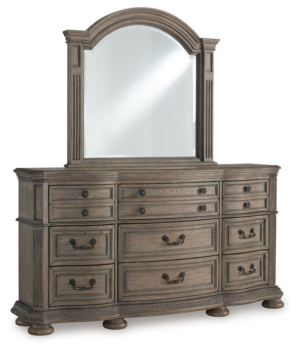 Ardenfield King Upholstered Sleigh Bed, Dresser and Mirror