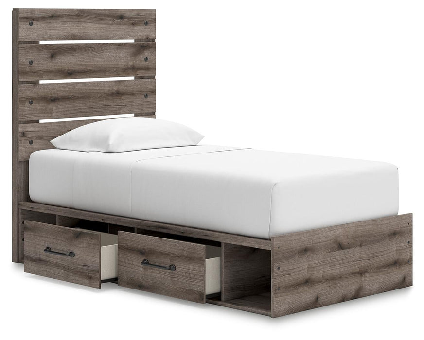 Graystorm Twin Panel Bed with Storage, Dresser and Mirror