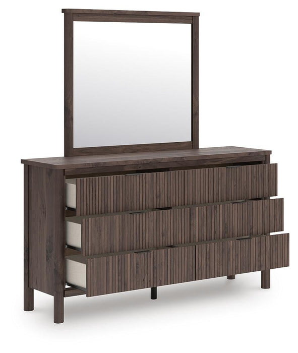Pamytta Full Upholstered Panel Platform Bed, Dresser, Mirror, Chest and Nightstand
