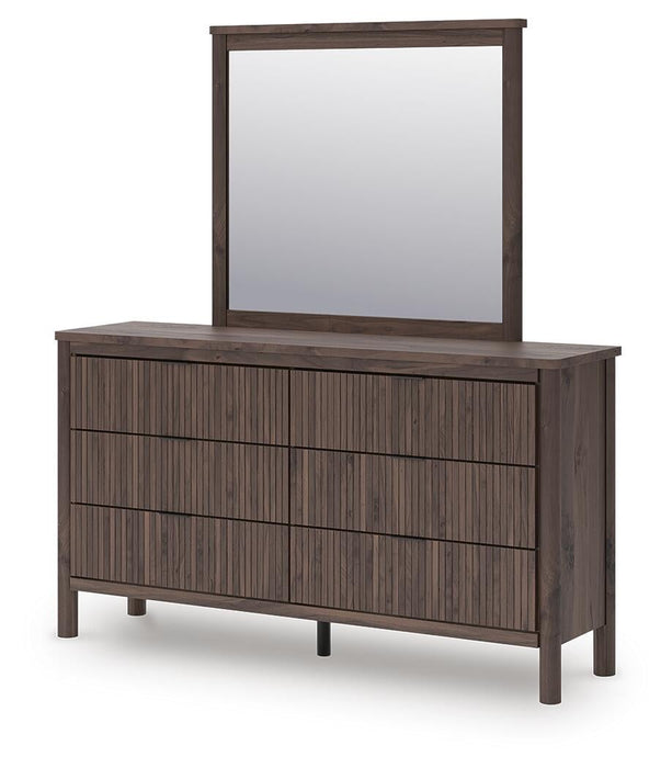 Pamytta Twin Upholstered Panel Platform Bed, Dresser, Mirror, Chest and Nightstand