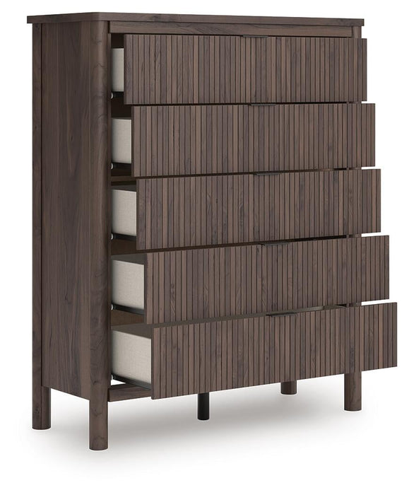 Pamytta King Upholstered Panel Platform Bed, Dresser, Mirror, Chest and Nightstand