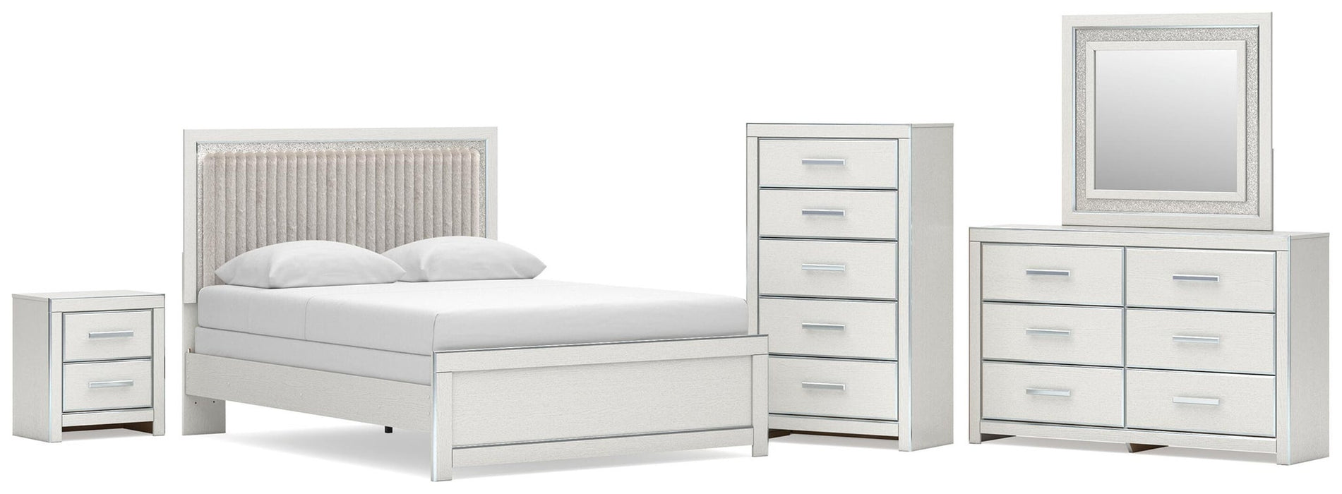 Zuraleus Queen Upholstered Panel Bed, Dresser, Mirror, Chest and Nightstand