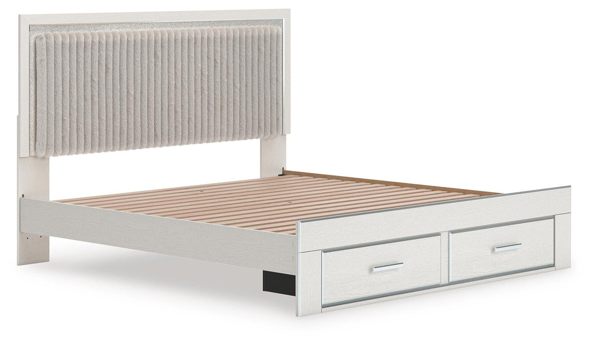 Zuraleus King Upholstered Panel Platform Storage Bed, Dresser, Mirror and Nightstand