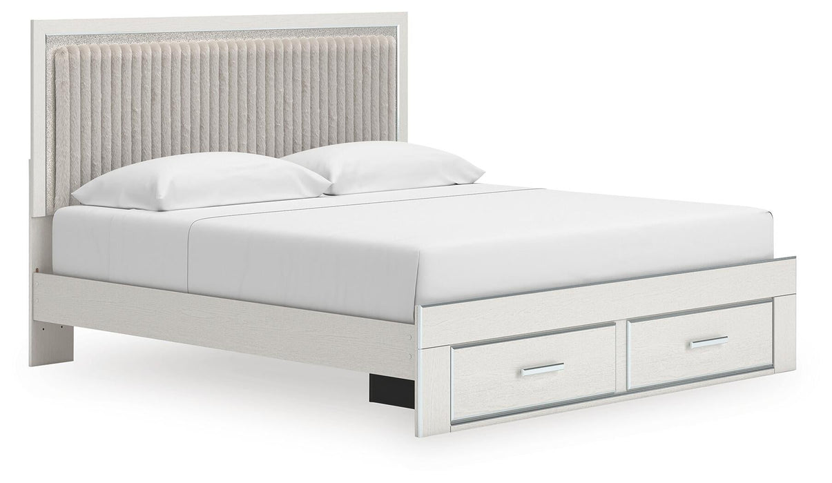 Zuraleus King Upholstered Panel Platform Storage Bed, Dresser and Mirror