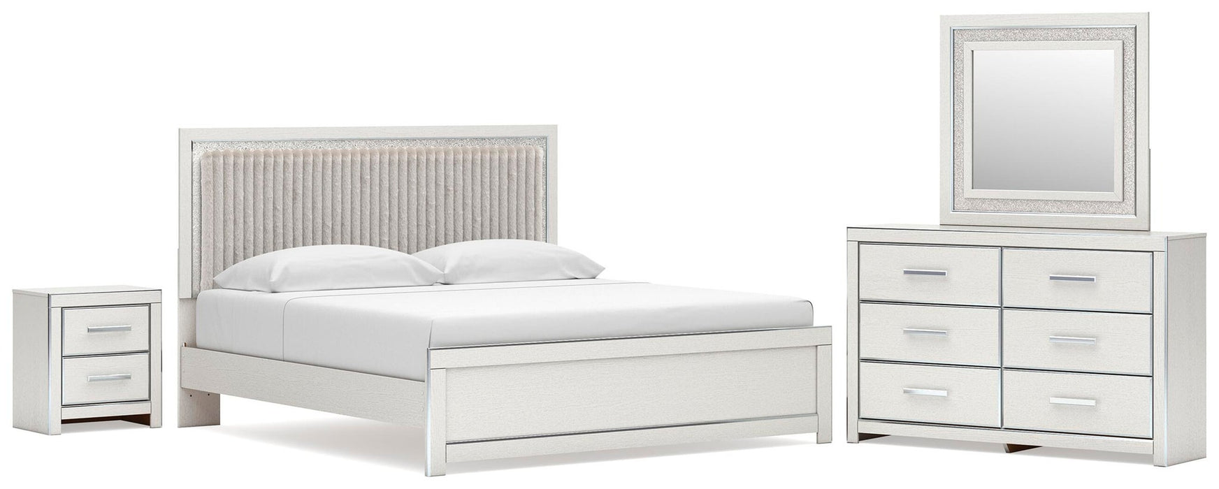 Zuraleus King Upholstered Panel Platform Bed, Dresser, Mirror and Nightstand