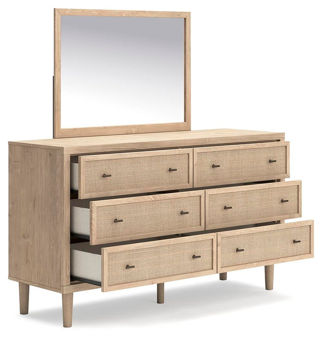 Cielden California King Upholstered Bed with Roll Slats, Dresser and Mirror