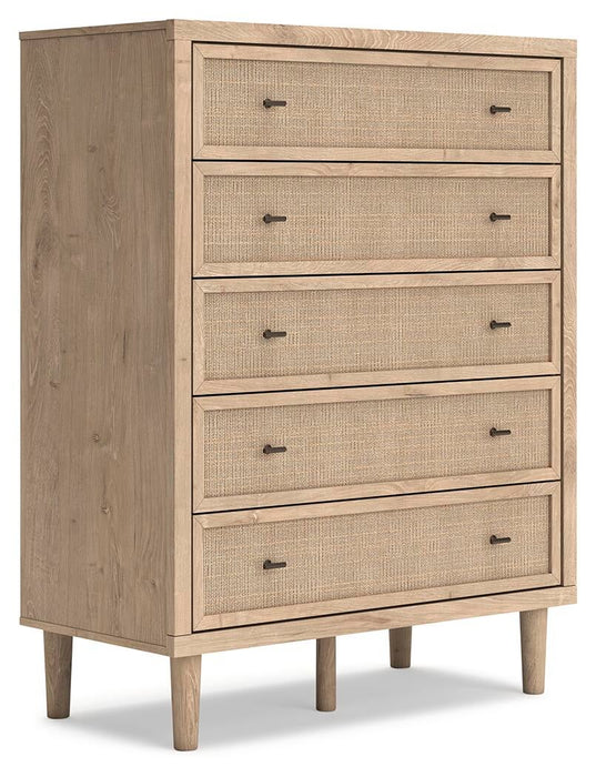 Cielden Full Upholstered Bed with Roll Slats, Dresser, Mirror, Chest and Nightstand