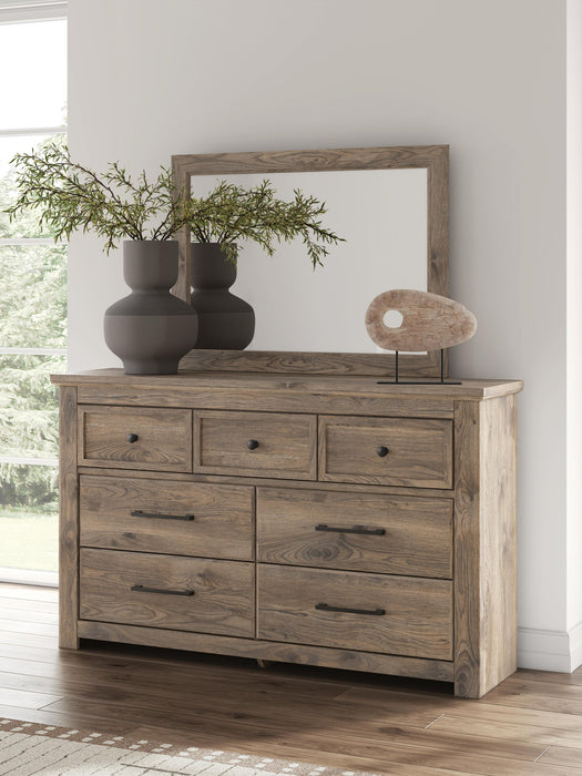 Rusticott Queen Poster Bed with Mirrored Dresser