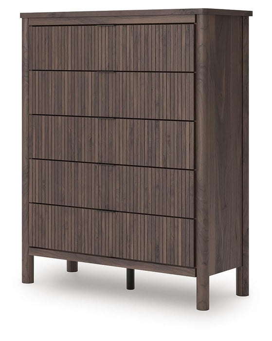 Pamytta Full Upholstered Panel Bed, Dresser, Mirror, Chest and Nightstand