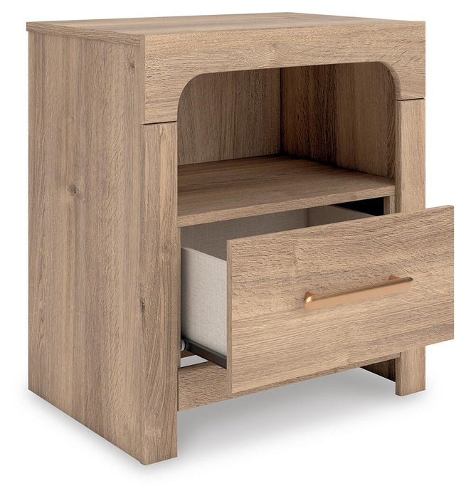Kinlanni Queen Upholstered Panel Bed, Dresser, Mirror and Nightstand