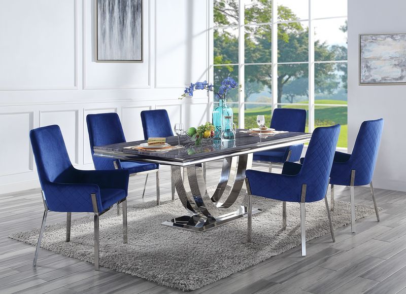 Cambrie - Side Chair (Set of 2) - Blue Velvet & Mirrored Silver Finish
