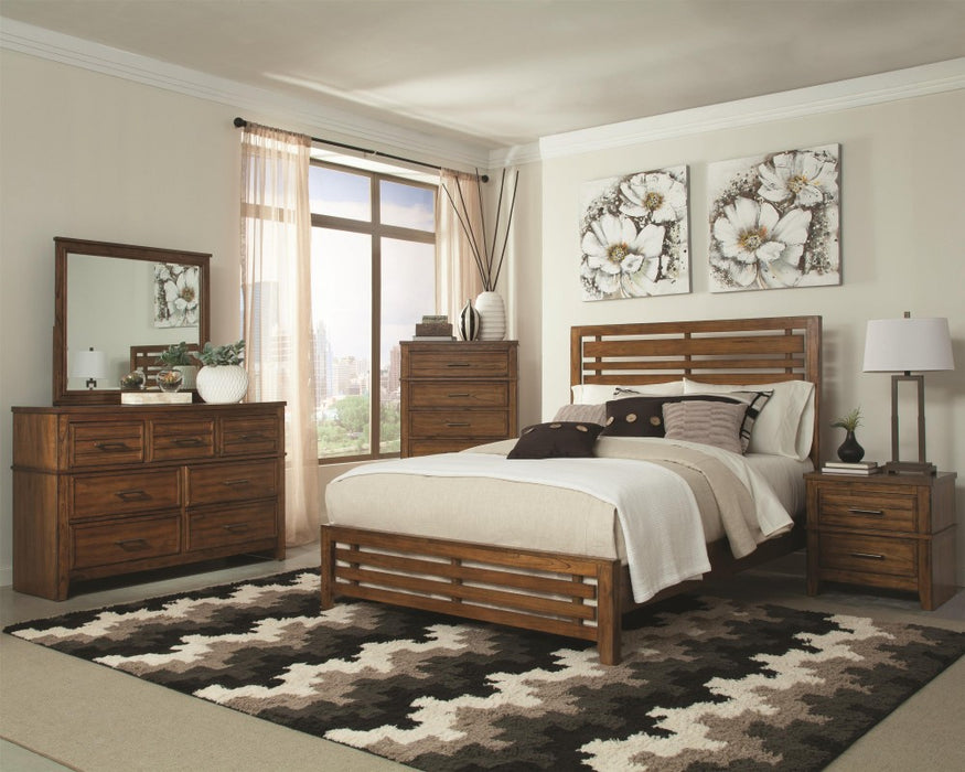 Cupertino Queen Bed, Dresser &Mirror, Five drawer chest, & One night stand