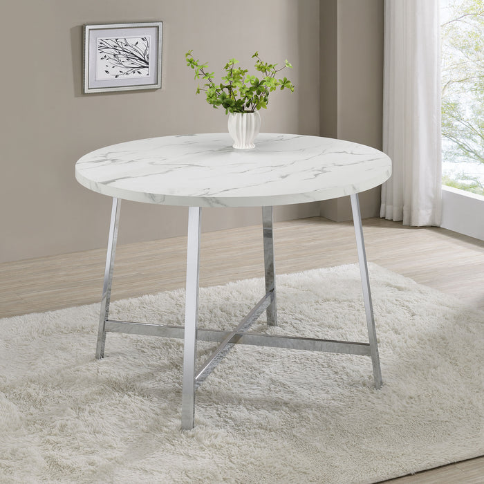Alcott Round Faux Carrara Marble Top Dining Table Chrome