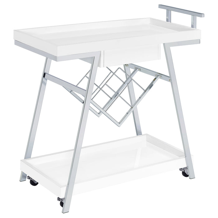 Kinney 2-tier Bar Cart with Storage Drawer White High Gloss and Chrome