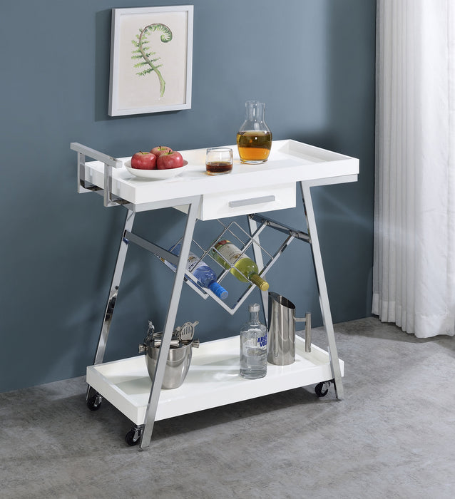 Kinney 2-tier Bar Cart with Storage Drawer White High Gloss and Chrome
