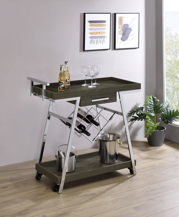 Kinney 2-tier Bar Cart with Storage Drawer Rustic Grey and Chrome