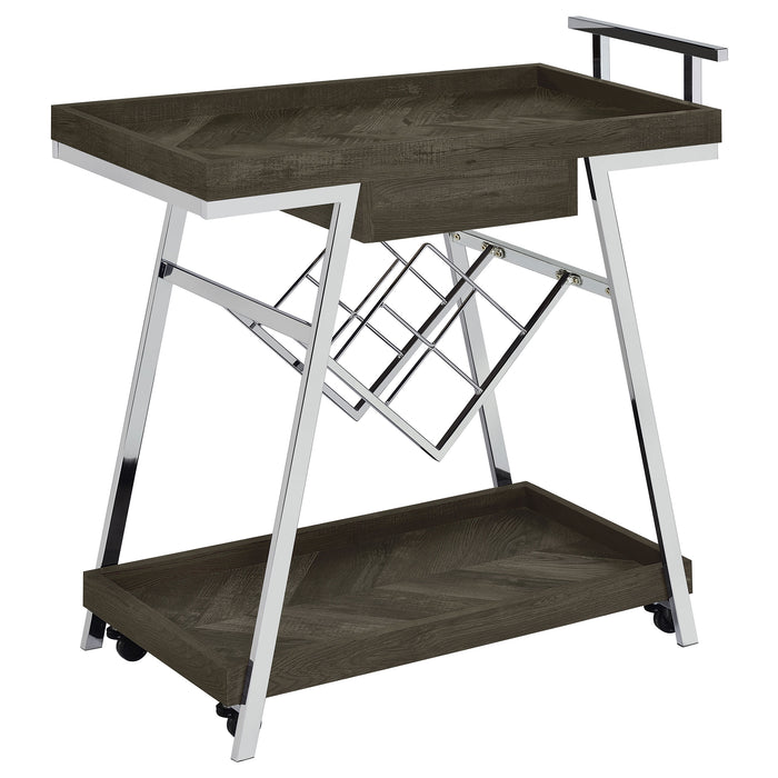 Kinney 2-tier Bar Cart with Storage Drawer Rustic Grey and Chrome