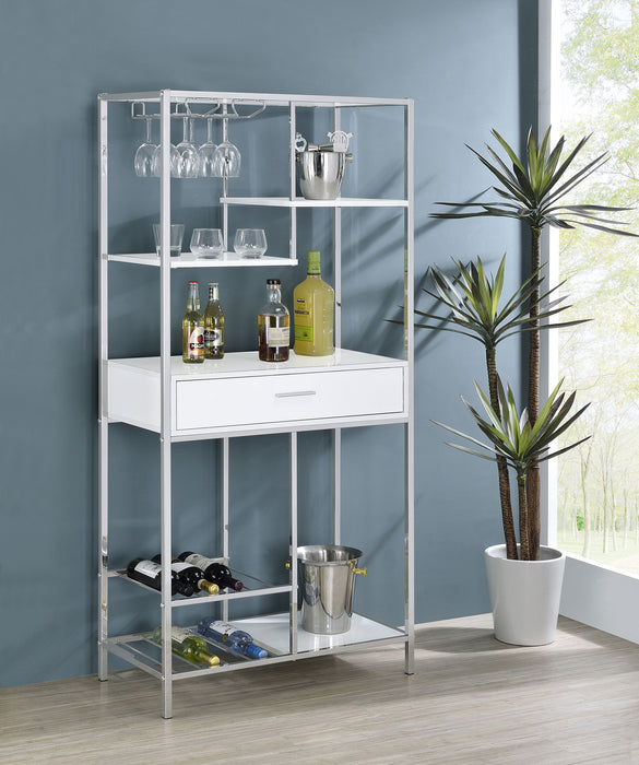 Figueroa 5-shelf Wine Cabinet with Storage Drawer White High Gloss and Chrome