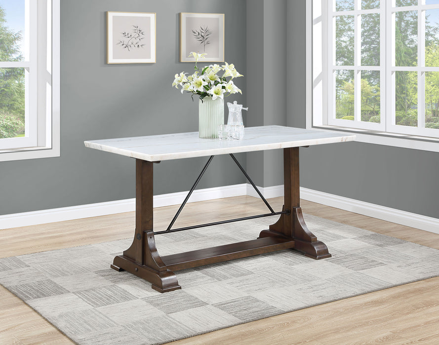 Aldrich Counter Height Trestle Base Dining Table with Genuine White Marble Top and Dark Brown