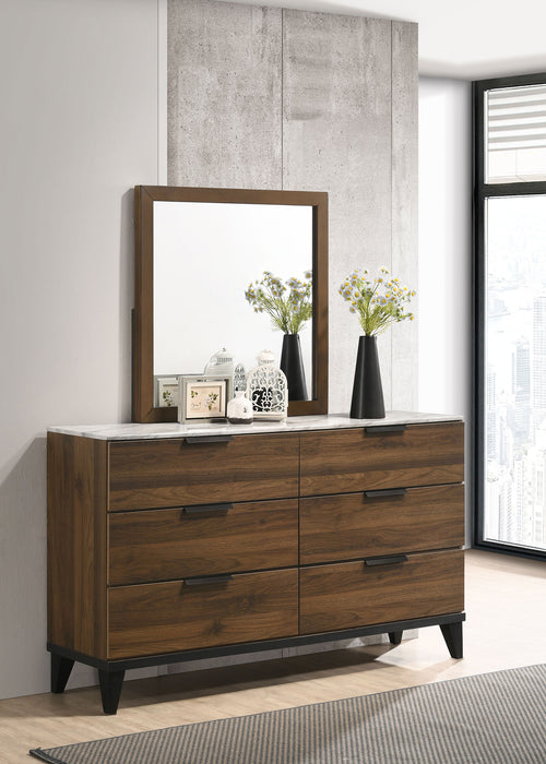 Mays 6-drawer Dresser with Mirror Walnut Brown with Faux Marble Top