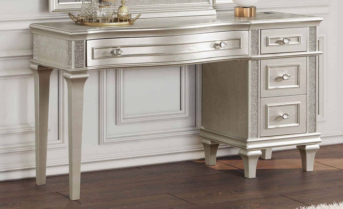 Evangeline 4-drawer Vanity Table with Faux Diamond Trim Silver and Ivory
