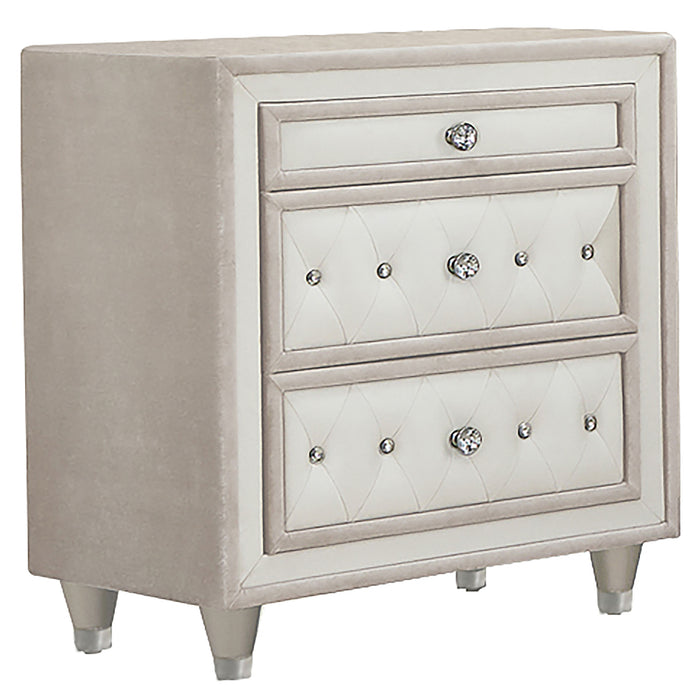 Antonella Upholstered 3-drawer Nightstand Ivory and Camel