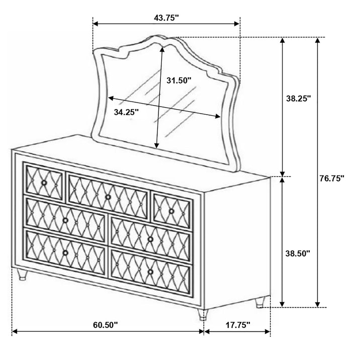Antonella 7-drawer Upholstered Dresser with Mirror Grey