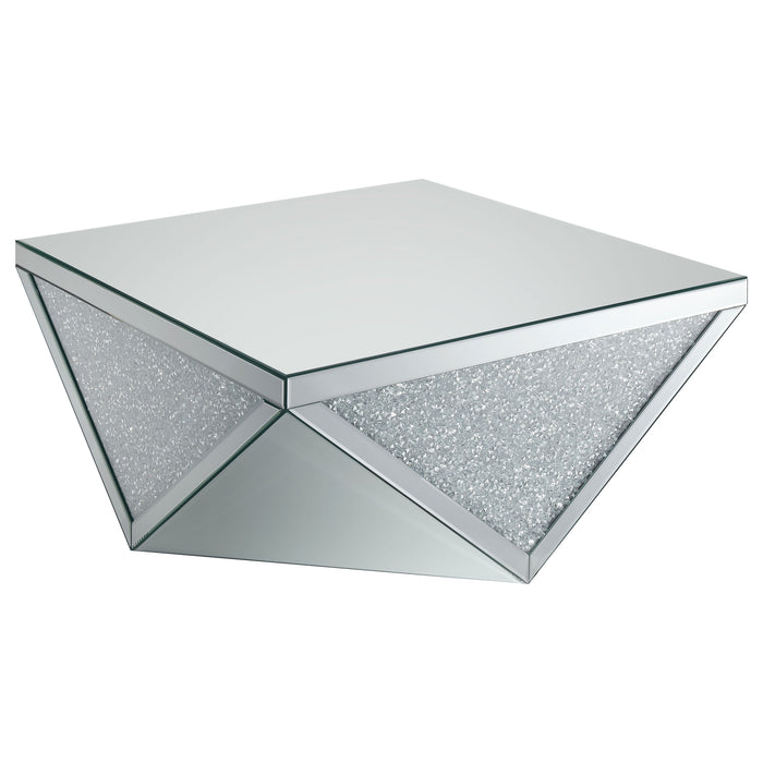 Amore Square Coffee Table with Triangle Detailing Silver and Clear Mirror