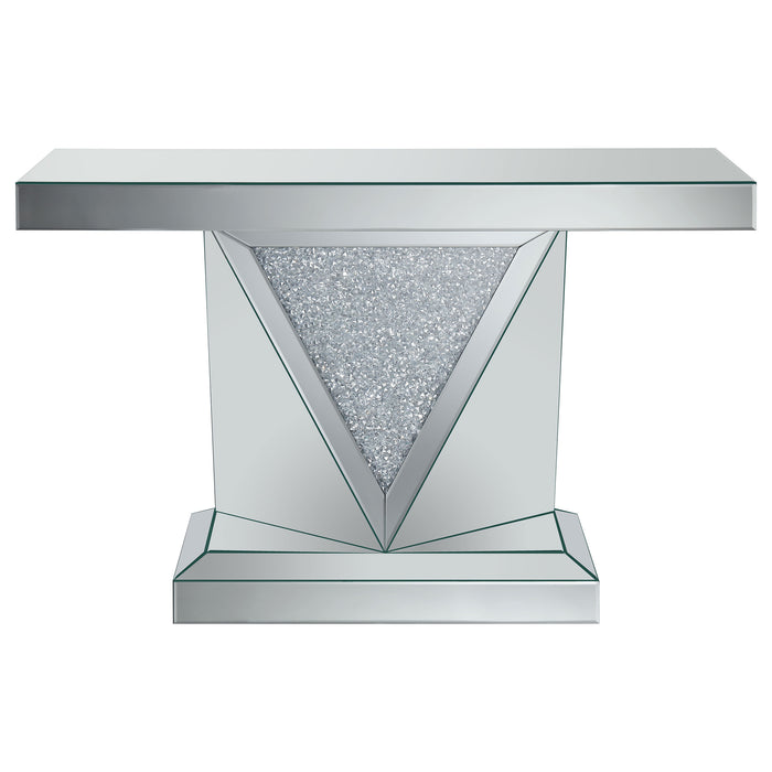 Amore Rectangular Sofa Table with Triangle Detailing Silver and Clear Mirror