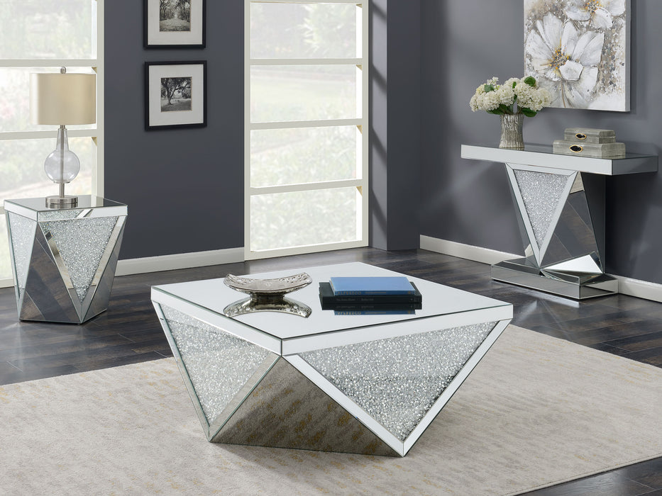 Amore Rectangular Sofa Table with Triangle Detailing Silver and Clear Mirror