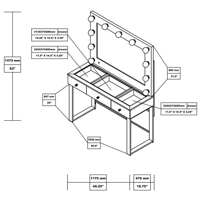 Umbridge 3-drawer Vanity Set with Lighting Chrome and White
