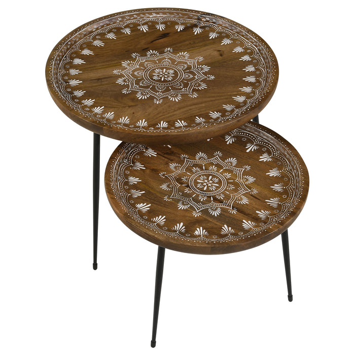 Nuala 2-piece Round Nesting Table with Tripod Tapered Legs Honey and Black